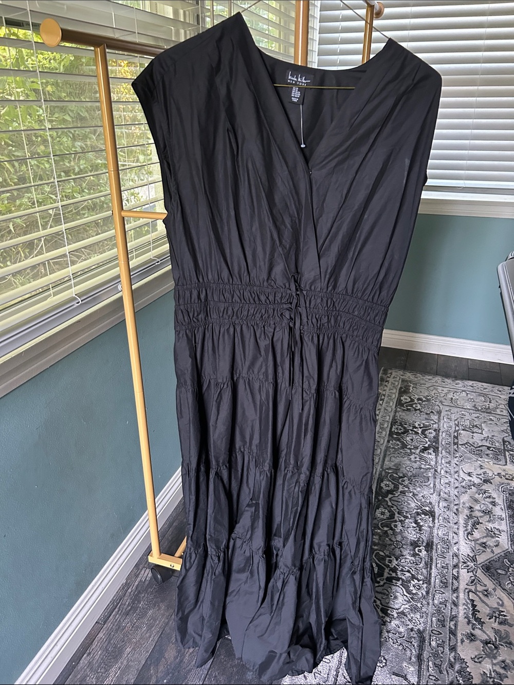 100% Cotton Nicole Miller NY Black V-Neck Smocked-Waist Tiered Maxi Dress 1X